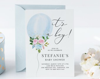 May include: Blue and white baby shower invitation with a watercolor balloon and floral design. The text reads "it's a boy!" and includes details for the event, including the date, time, location, and RSVP information.