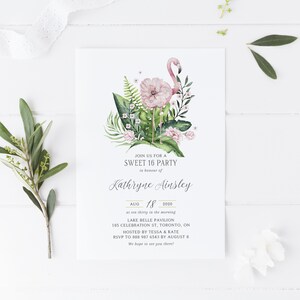 Printable Birthday Party Invitation - Editable Flamingo Party - Blush Watercolor Floral Flamingo Sweet 16 Party Template - Instant Download