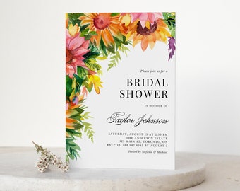 Sunflower Bridal Shower Invitation Template - Printable Rustic Watercolor Sunflowers Summer Fall Wedding Shower Evite - Editable Invite AS18