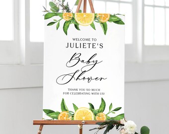 Printable Lemon Baby Shower Welcome Sign Template - Watercolor Lemon and Oranges Garland Summer Baby Shower Poster - DIY, Editable #014