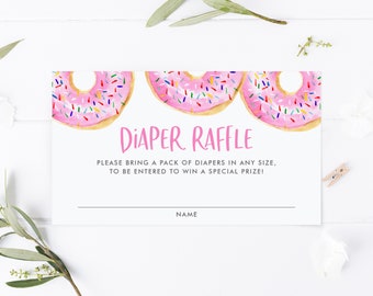 Pink Donuts Diaper Raffle Baby Shower Card - Printable Watercolor Pink Donuts Sprinkles Diaper Raffle Ticket Game - Instant Download PD81