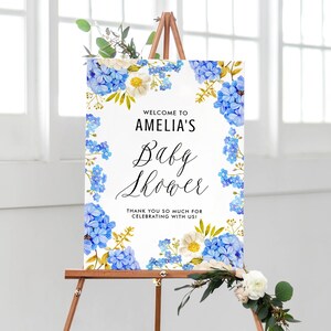Printable Blue Hydrangea Baby Shower Welcome Sign Template - 18x24 Blue and White Hydrangeas Boy Baby Boy Shower Poster - Editable Sign BWH7