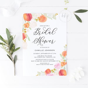 Printable Peaches and Cream Bridal Shower Invitation Template - Watercolor Peaches Floral Spring Bridal Luncehon Invite - Editable PC19