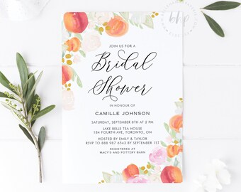 Printable Peaches and Cream Bridal Shower Invitation Template - Watercolor Peaches Floral Spring Bridal Luncehon Invite - Editable PC19