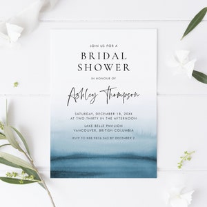 DIY Navy Blue Ombre Bridal Shower Invitation Template - Printable Modern Watercolor Ombre Minimalist Bridal Luncheon Invite - Editable BO76