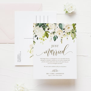 Modèle de carte postale de faire-part juste marié floral blanc - imprimable aquarelle roses blanches & faire-part de mariage de verdure - modifiable WR12