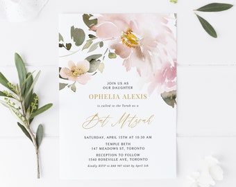Printable Blush Floral Bat Mitzvah Invitation Template - DIY Vintage Watercolor Blush Pink Flowers Bat Mitzvah Evite - Editable Invite BF87