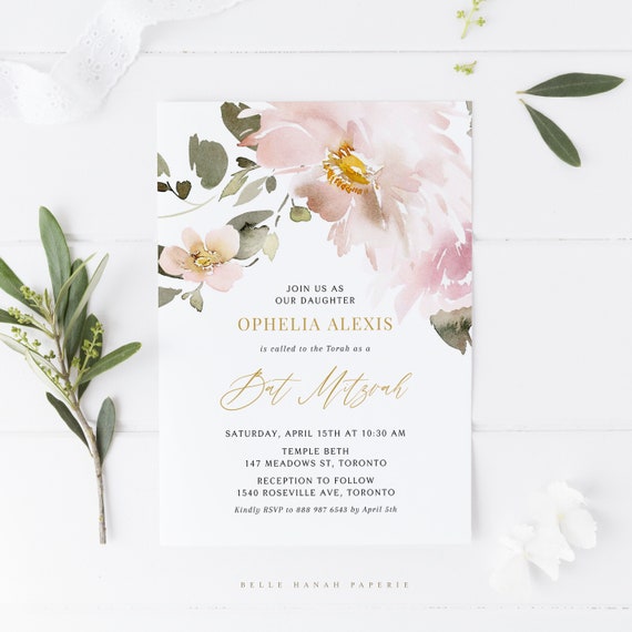 Printable Blush Floral Bat Mitzvah Invitation Template - DIY Vintage Watercolor Blush Pink Flowers Bat Mitzvah Evite - Editable Invite BF87
