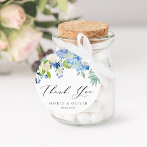 Imprimable Blue Hortensia Merci Tag Templates - 2x2 Aquarelle Blue Hortensias Circle et Square Wedding Stickers - Editable Tags #024