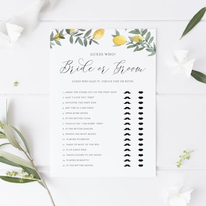 Boho Lemon Guess Who Bride or Groom Bridal Shower Game - Lemon He Said She Said Wedding Game - Printable Lemon Summer Party Game BLW1