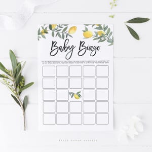 Boho Lemon Baby Bingo Card - Printable Rustic Watercolor Lemon Garland Summer Baby Shower Bingo Game Card - Instant Download BLW1