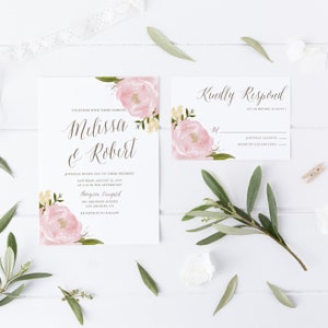 Printable Wedding Invitation Set Template DIY Watercolor Blush Pink Peonies Wedding Invitation, RSVP & Enclosure Card Instant Download image 2