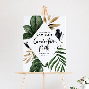 Printable Tropical Graduation Party Welcome Sign Template - DIY Watercolor Tropical Leaves Gold Graduation Party Poster - Editable Sign TF40
