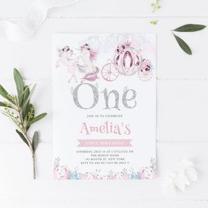 Printable Fairtytale First Birthday Invitation Template - Pink Watercolor Unicorn Silver Glitter - Editable Princess 1st Birthday Evite