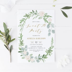 Printable Greenery Wreath Sweet 16 Party Invitation Template - Watercolor Greenery Floral Wreath Sweet Sixteen Evite - Editable Invite GWF23