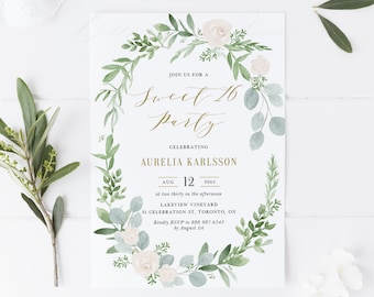 May include: A white card with a green and white floral wreath border. The text "Sweet 16 Party" is written in gold script. The text "Celebrating Aurelia Karlsson" is written in gold. The date "Aug 12, 2045" is written in gold. The time "at two thirty in the afternoon" is written in black. The location "Lakeview Vineyard, 81 Celebration St, Toronto, ON" is written in black. The RSVP information is written in black.