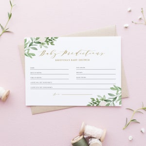 Greenery Baby Predictions Card Template - Printable Watercolor Greenery and White Flowers Baby Shower Juegos - Género Neutro GWF23