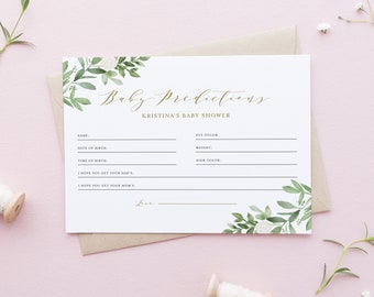 Greenery Baby Predictions Card Template  - Printable Watercolor Greenery and White Flowers Baby Shower Games - Gender Neutral GWF23
