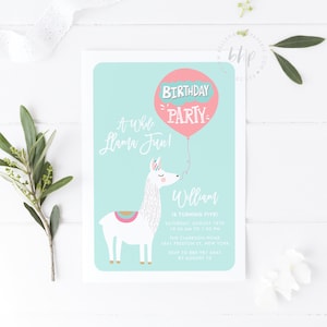 Printable Llama Birthday Invitation Template - DIY Blue Llama with Balloon Birthday Invitation - Editable Fiesta Llama Party Invitation