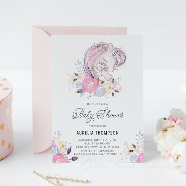 Printable Unicorn Baby Shower Invitation Template - Mommy and Baby Unicorns Floral Glitter Baby Shower Invite - Editable Baby Shower UM45