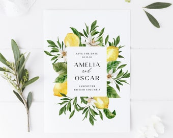 Printable Botanical Lemon Save the Date Template - Watercolor Lemon Frame Save the Date Announcement Card - Editable Save the Date LB92