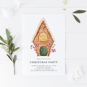 Printable Christmas Party Invitation Template - Printable Watercolor Gingerbread House Holiday Party Invitation - Editable Christmas Invite
