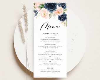 Printable Blush and Navy Floral Wedding Menu Card Template - 4x9 Watercolor Navy & Blush Flowers Winter Menu Card - Editable Menu Card BN18