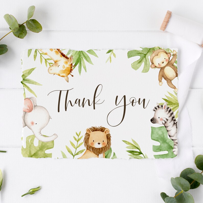 Birthday Cute Watercolor Safari Animals Card Printable Safari Thank You 