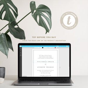 Pode incluir: Um computador port&aacute;til que exibe um modelo de convite de casamento na tela. O convite &eacute; para Victoria Grace e Andrew Thomas. O texto "Experimente antes de comprar" &eacute; exibido acima do laptop. O texto "Editar com Templett Modelo edit&aacute;vel" &eacute; exibido em um c&iacute;rculo no lado direito da imagem.