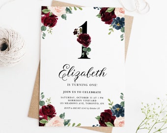 Printable Burgundy Floral First Birthday Party Invitation Template - Burgundy, Blush and Blue Flowers Fall Birthday Party Invite - DIY BFA8