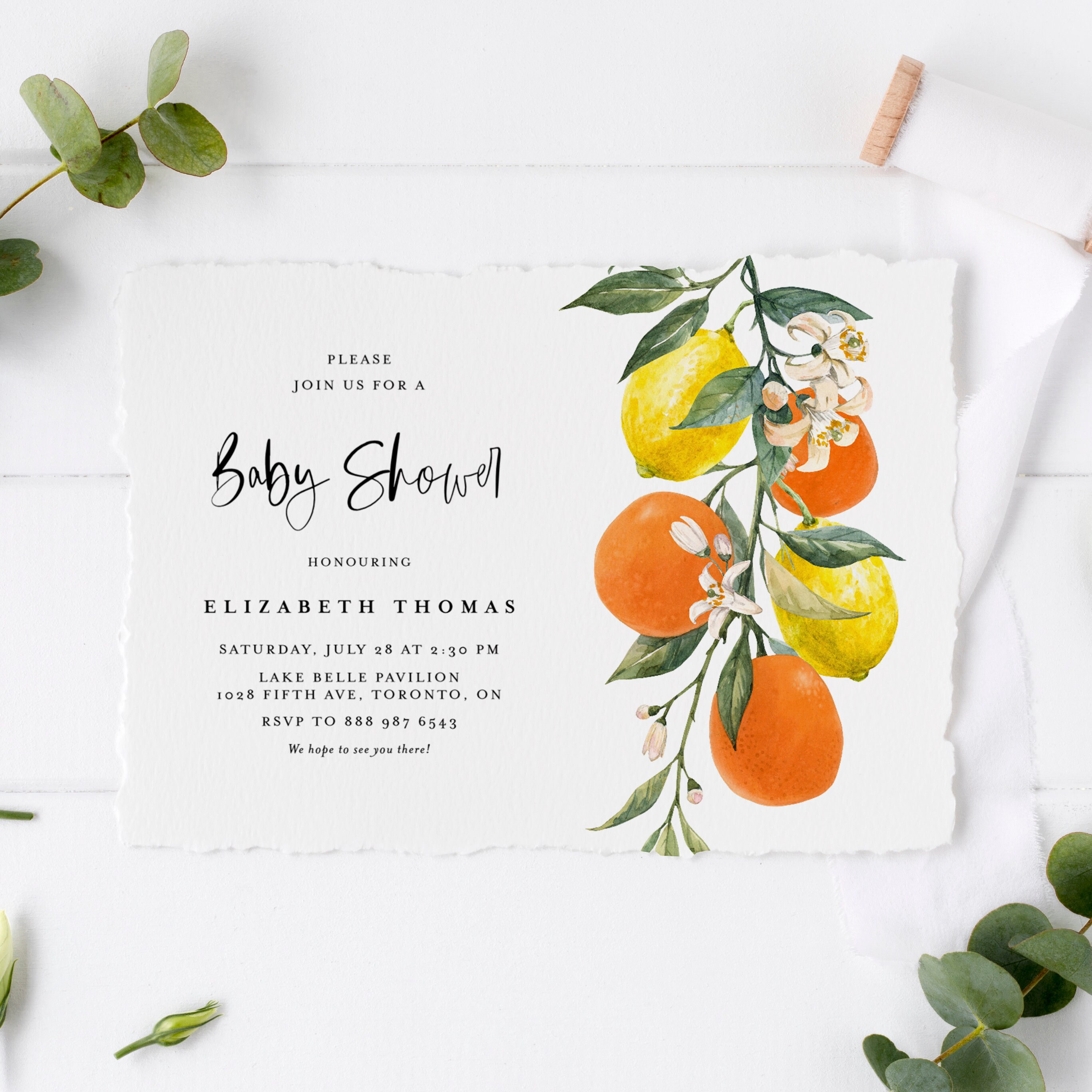 Citrus Baby Shower Invitation Template Botanical Lemons and Etsy