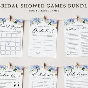 Printable Floral Bridal Shower Games Bundle - 5x7 Blue Hydrangeas White Roses Wedding Shower Games Bundle - 6 Games Instant Download BH12