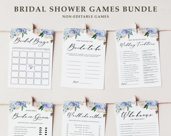 Printable Floral Bridal Shower Games Bundle - 5x7 Blue Hydrangeas White Roses Wedding Shower Games Bundle - 6 Games Instant Download BH12