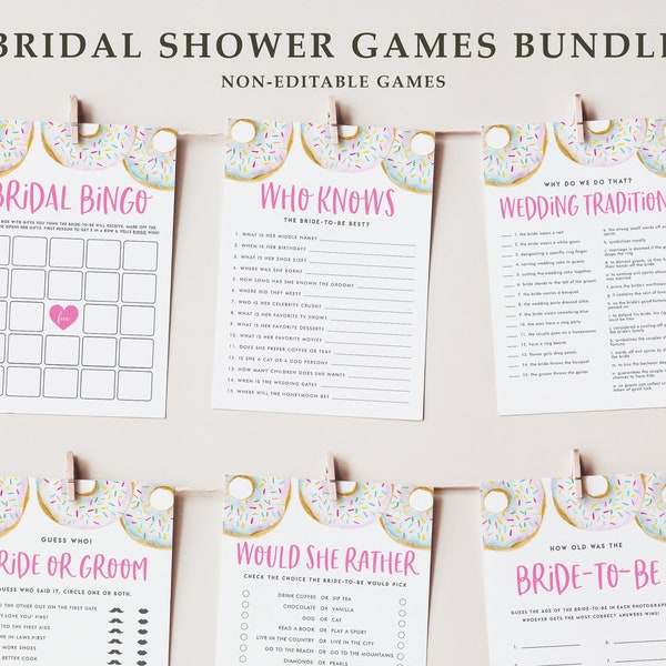 Printable White Donuts Bridal Shower Games Bundle - 6 Games Bundle - Donut Sprinkles Wedding Shower Package, Bachelorette Party Games WD91