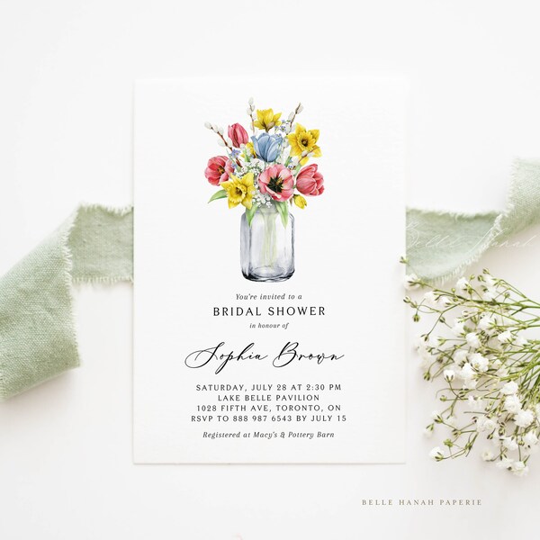 Printable Floral Bridal Shower Invitation Template - Rustic Watercolor Spring Flowers Mason Jar Bridal Shower Evite - Editable Invite FJ24