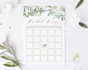 Greenery Bridal Bingo Card - Watercolor Greenery and White Flowers Bridal Bingo Game - Printable Bridal Bingo Game - Instant Download GWF23
