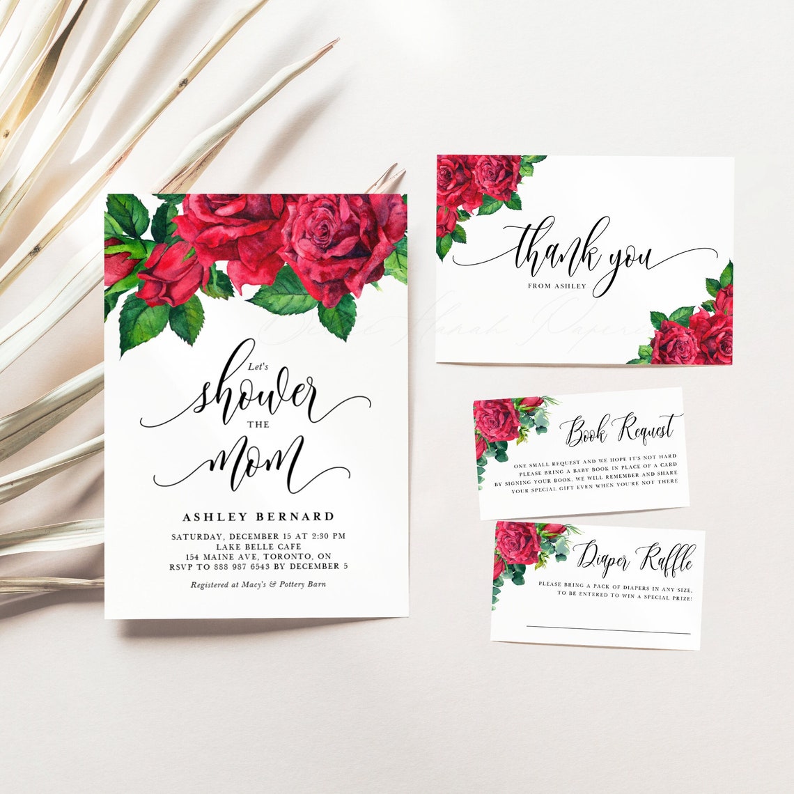 Printable Red Floral Baby Shower Bundle Templates Watercolor - Etsy
