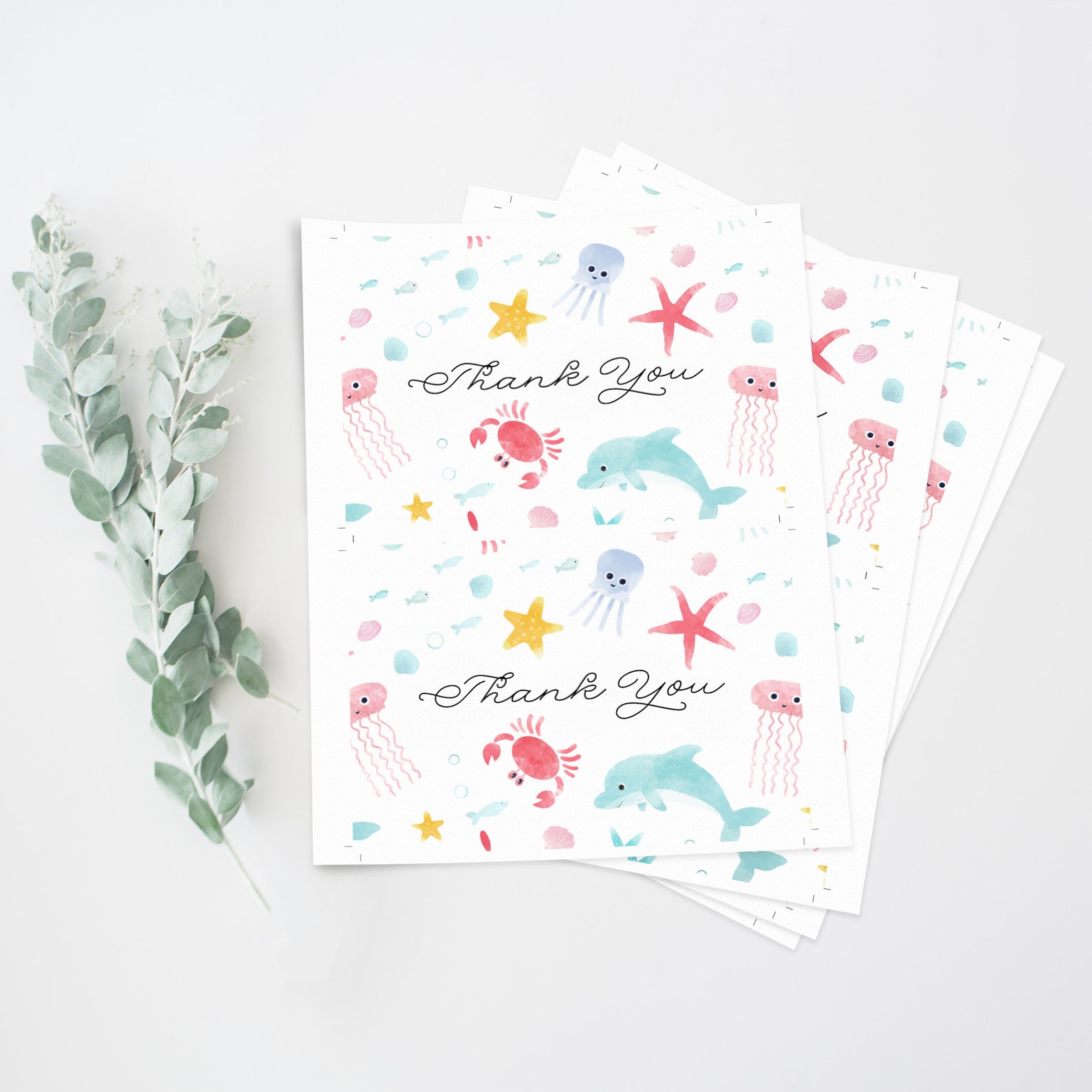 Under the Sea Thank You Card Printable Cute Watercolor Under Etsy