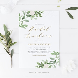 Printable Greenery Bridal Luncheon Invitation Template - Watercolor Greenery and White Flowers Bridal Luncheon Evite - Editable Invite GWF23