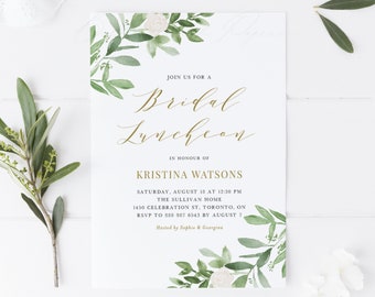 Printable Greenery Bridal Luncheon Invitation Template - Watercolor Greenery and White Flowers Bridal Luncheon Evite - Editable Invite GWF23