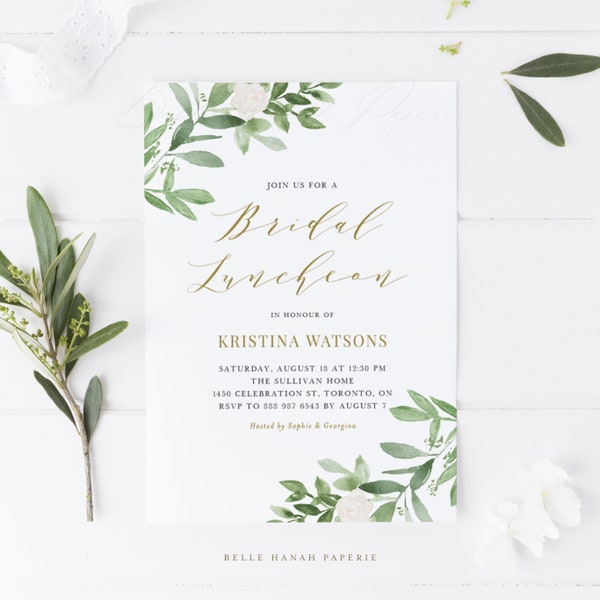 Printable Greenery Bridal Luncheon Invitation Template - Watercolor Greenery and White Flowers Bridal Luncheon Evite - Editable Invite GWF23