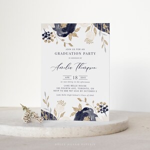 Printable Floral Graduation Party Invitation Template - DIY Navy Blue Flowers Faux Gold Foil Grad Party Evite - Editable Invitation GB67