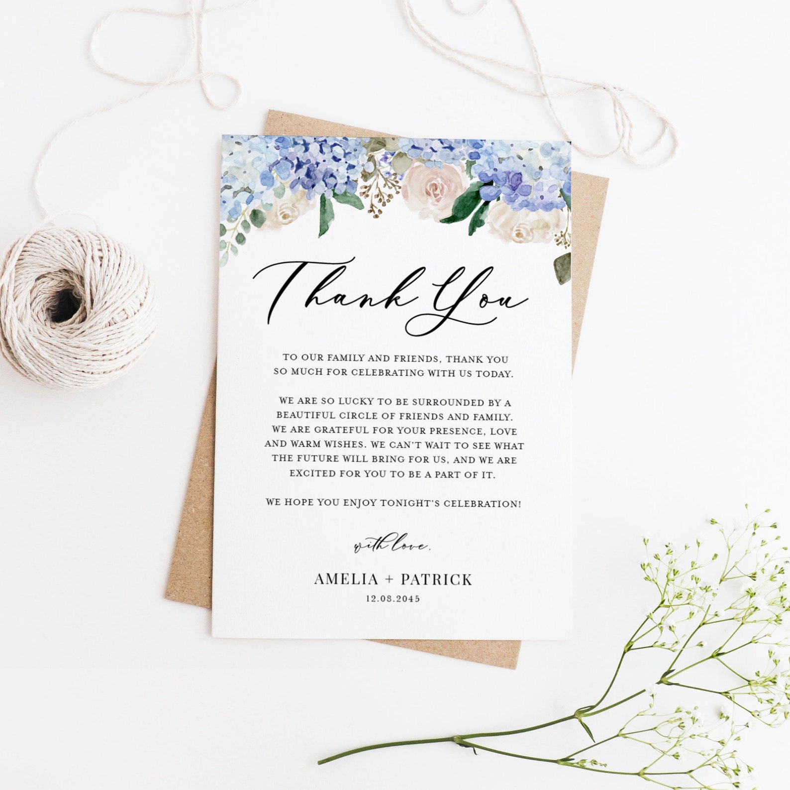 DIY Blue Floral Wedding Thank You Card Template, Printable Blue ...