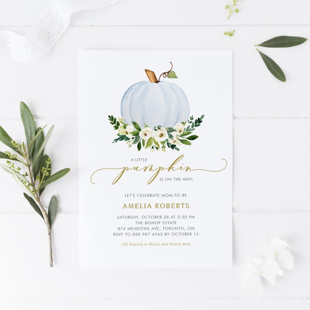 Pumpkin Baby Shower Invitation Template Watercolor Blue - Etsy