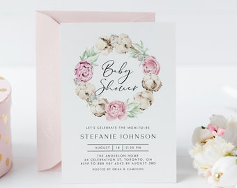 Blush Wreath Baby Shower Invitation - DIY Pretty Pink Flowers and Cotton Wreath It's a Girl Baby Shower Evite - Editable Invitation PC68