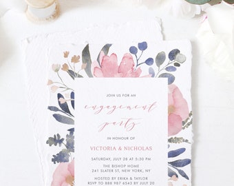 Floral Engagement Party Invitation Template - Editable Vintage Watercolor Pink Flowers Engagement Invite - DIY, Printable Templett BP55