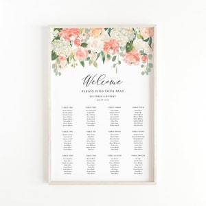 Plantilla de tabla de asientos de boda floral imprimible - Tabla de asientos del plan de asientos de flores florales de melocotón de acuarela de 24x36 - Plan de mesa editable PFG8