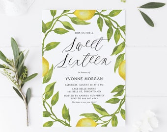 Editable BLW1 Boho Lemon Wreath Sweet 16 Party Invitation Template Printable Rustic Watercolor Lemon Wreath Summer Sweet Sixteen Invite