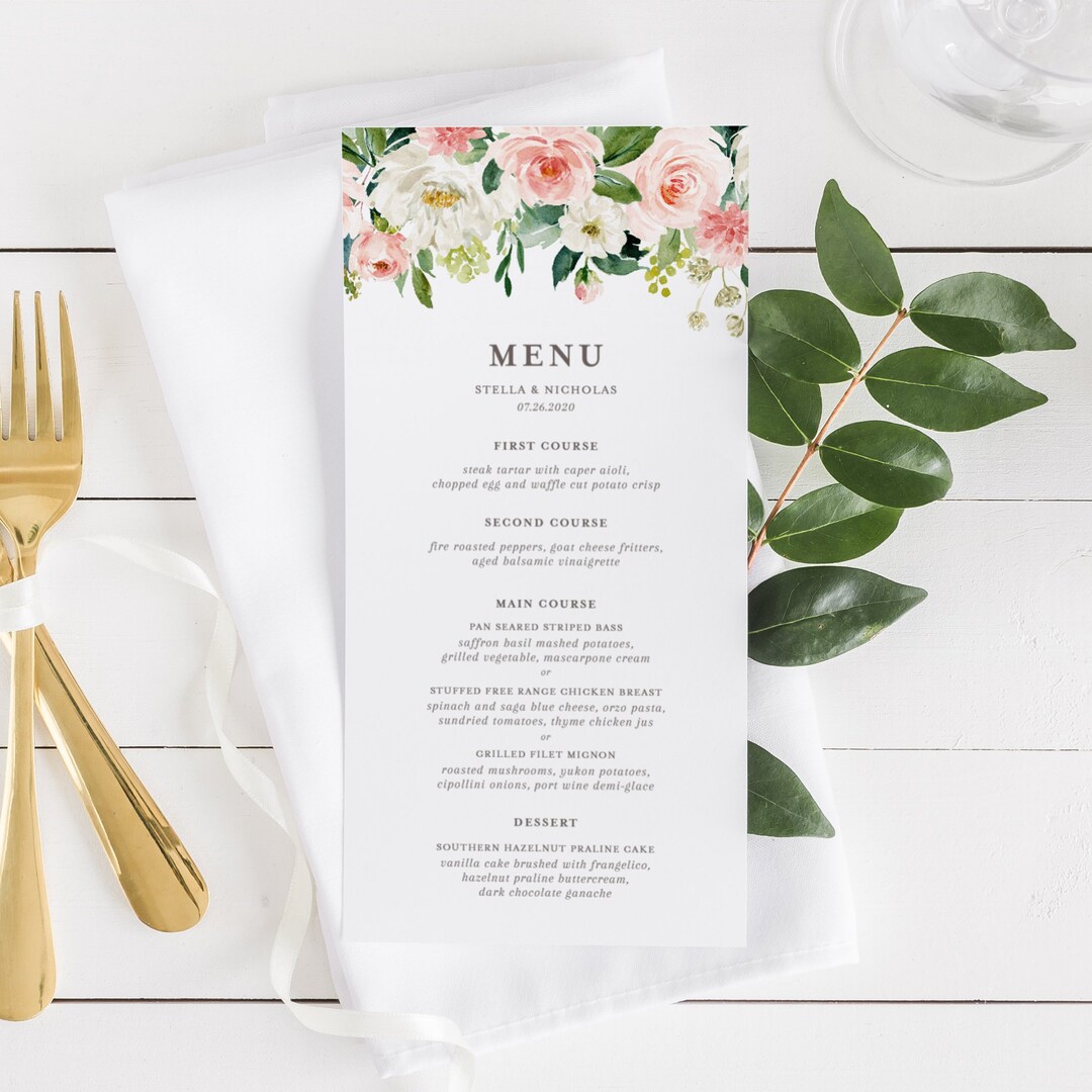 Printable Menu Card Template - 4x8 Editable Menu - Romantic Watercolor ...