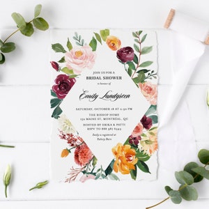Printable Fall Floral Bridal Shower Invitation Template - Watercolor Autumn Blooms Frame Rustic Bridal Luncheon Invite - Editable AB41